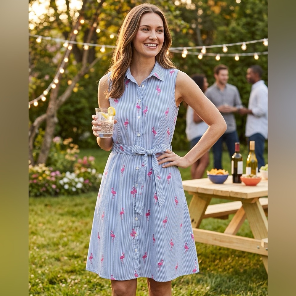Chloe+Rene Seersucker Pink Flamingo Striped Sleeveless Button Down Shirt Dress M